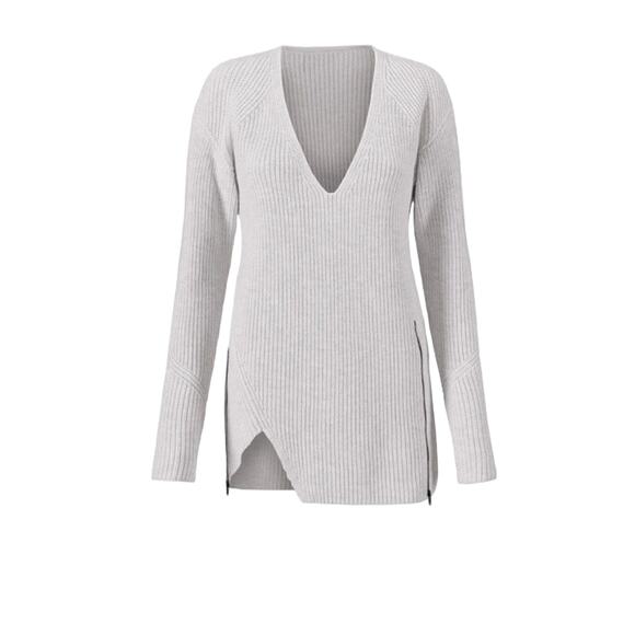 CABI Deep V Pullover Sweater Gray Size Small Tunic V-Neck Zipper Detail Knit - Picture 1 of 8